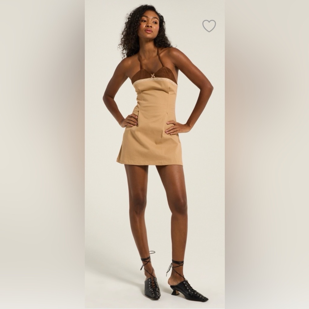 Urban Outfitters X Zemeta Autumn Love Faux Suede Trim Halter Mini Dress Tan Sz M